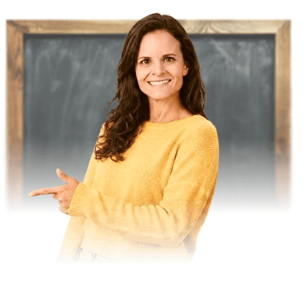 Camille Armstrong pointing, in front of a chalkboard