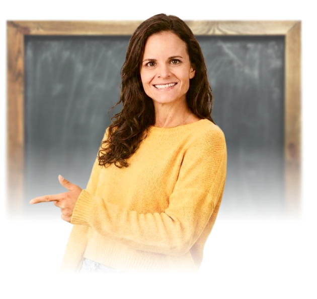 Camille Hampton pointing, in front of a chalkboard